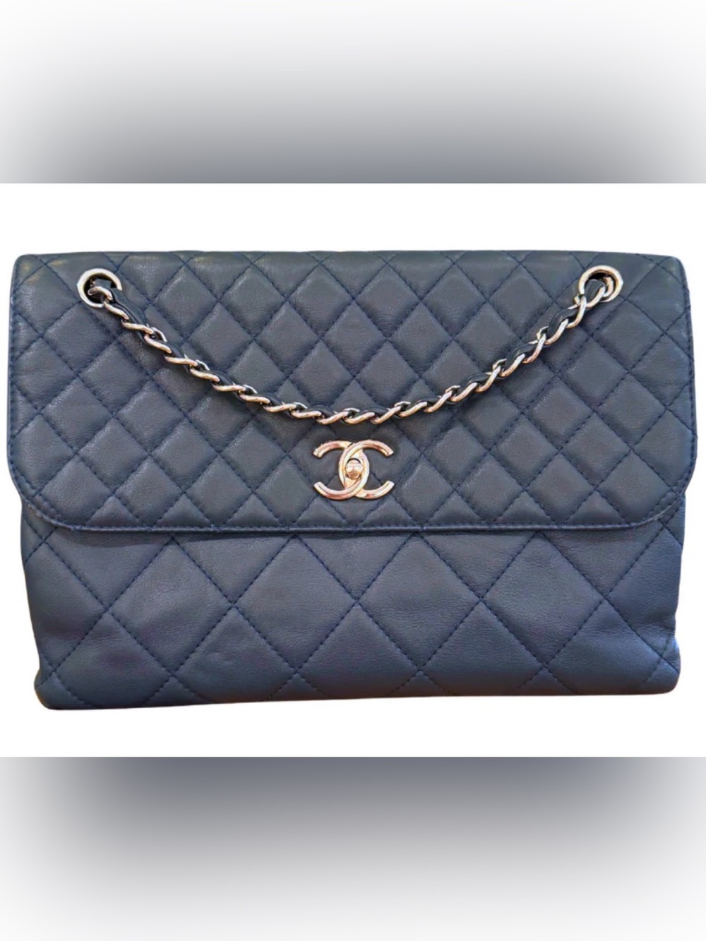 CHANEL Quilted Business Single Flap Shoulder Bag in Navy Blue w Silver Hardware